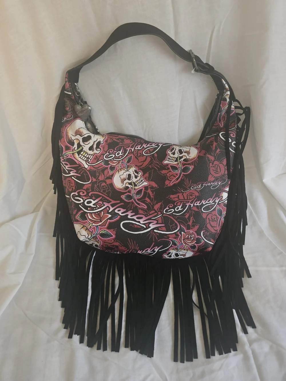 Ed Hardy Black Shoulder Hobo with Pink & Red Floral Skull Print and Fringe
